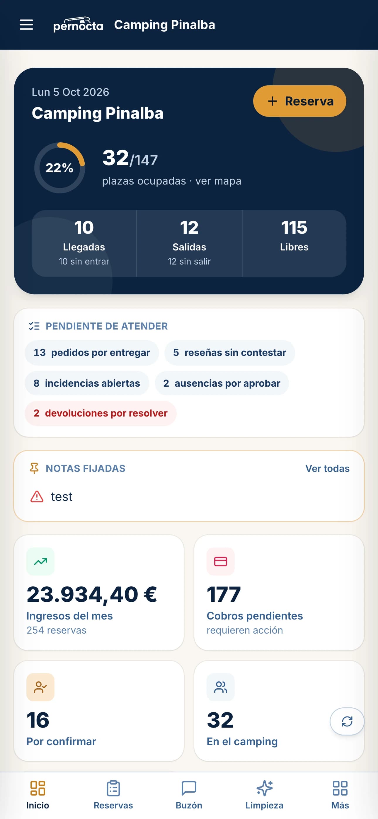 El panel de Pernocta en el móvil, con las llegadas y salidas del día