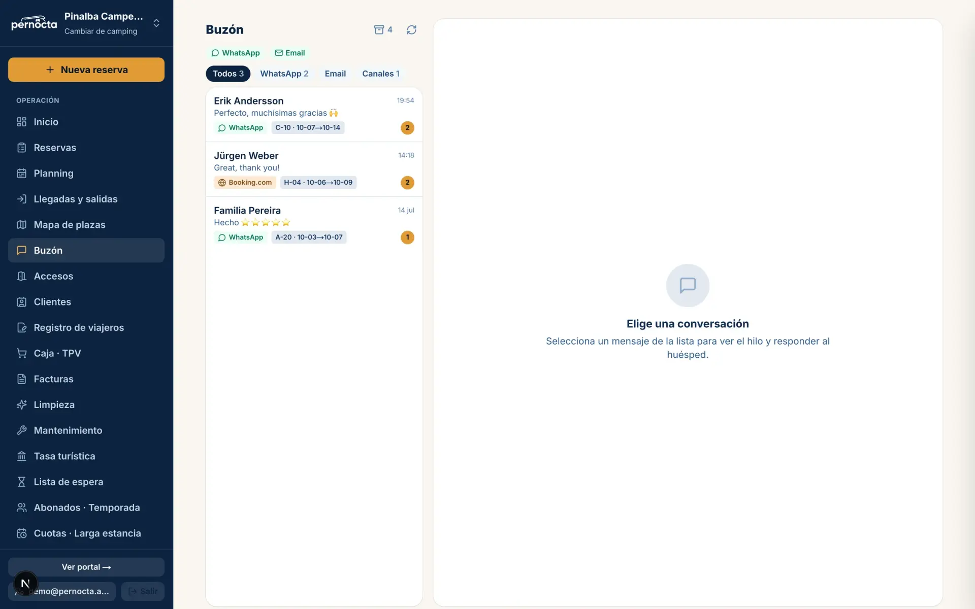 Email, WhatsApp y OTAs en una bandeja en Pernocta