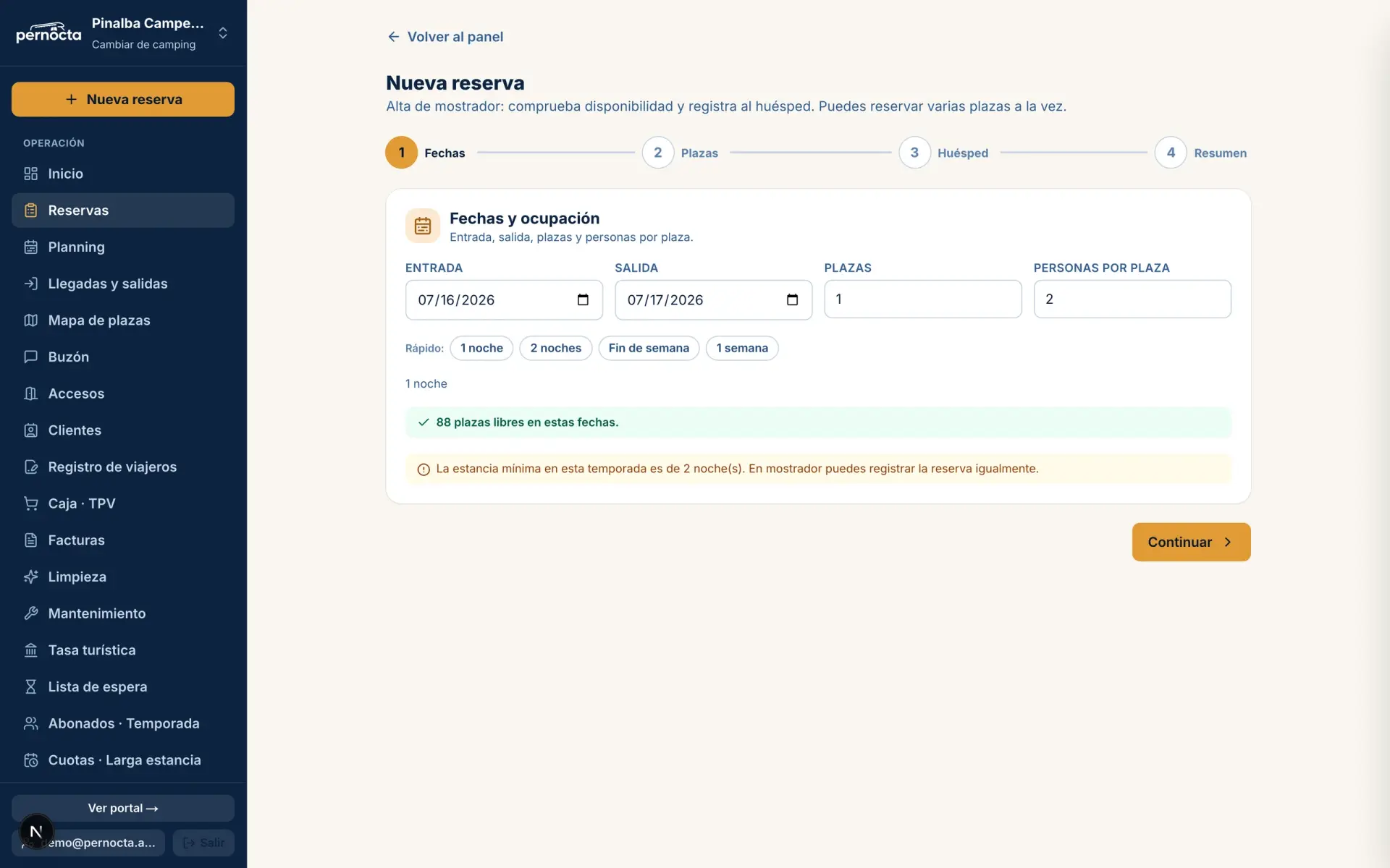 Crear una reserva en Pernocta