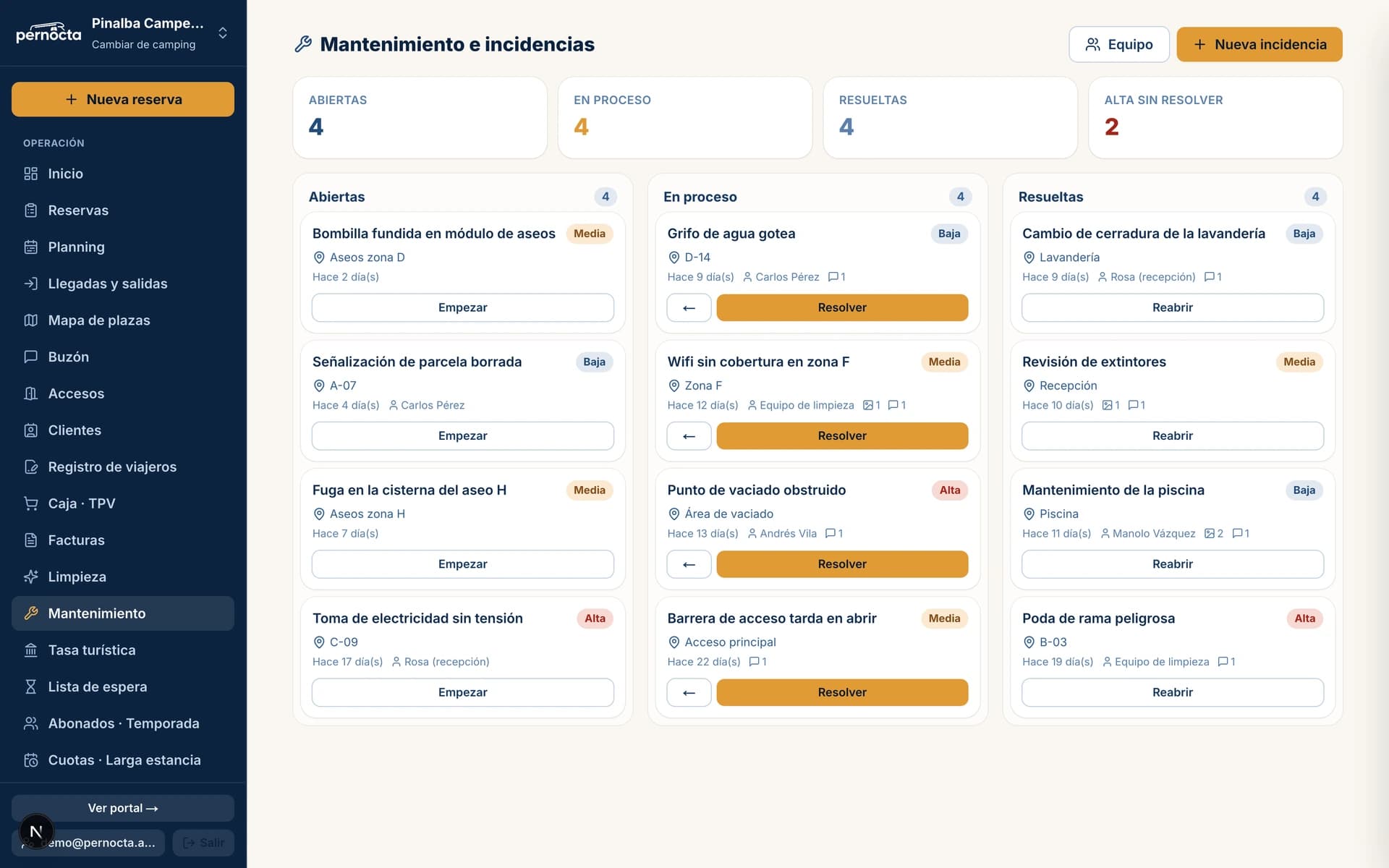Mantenimiento en Pernocta