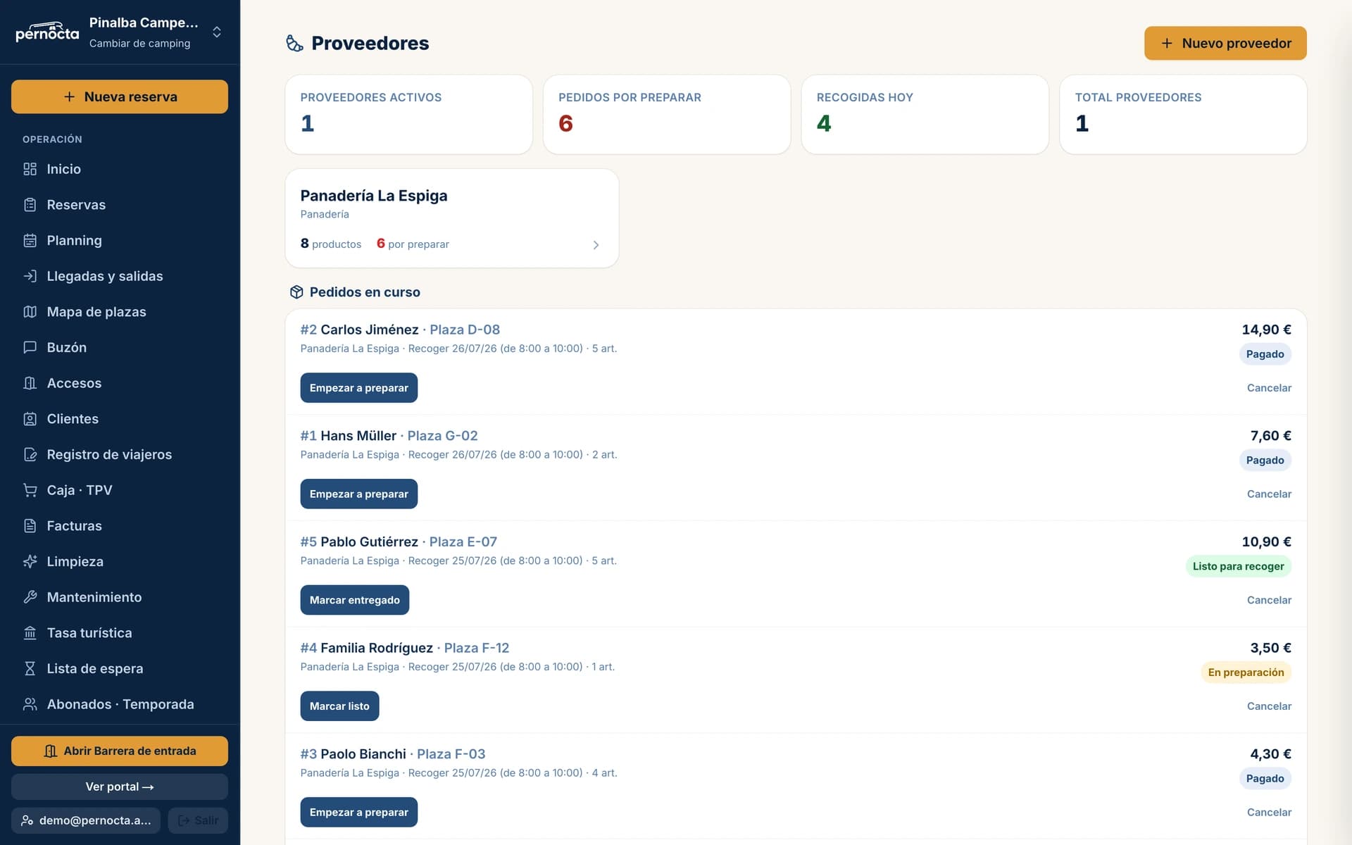 Proveedores y pedidos en Pernocta