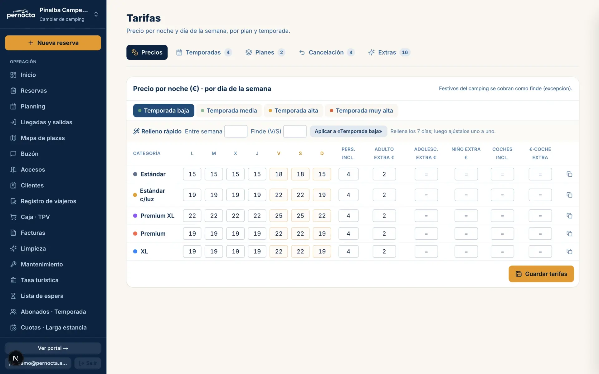 Tarifas y temporadas en Pernocta