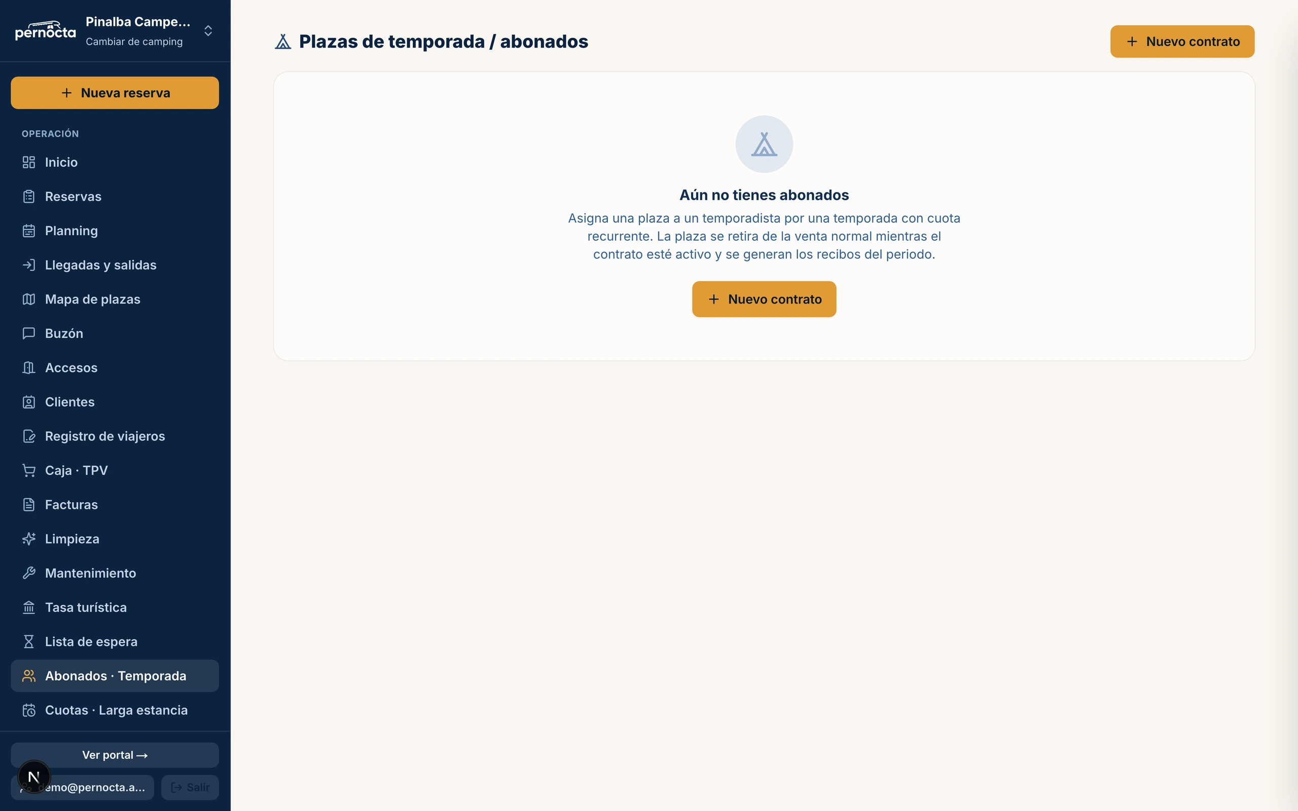Captura de Abonados de temporada: contratos de larga estancia en el panel de Pernocta