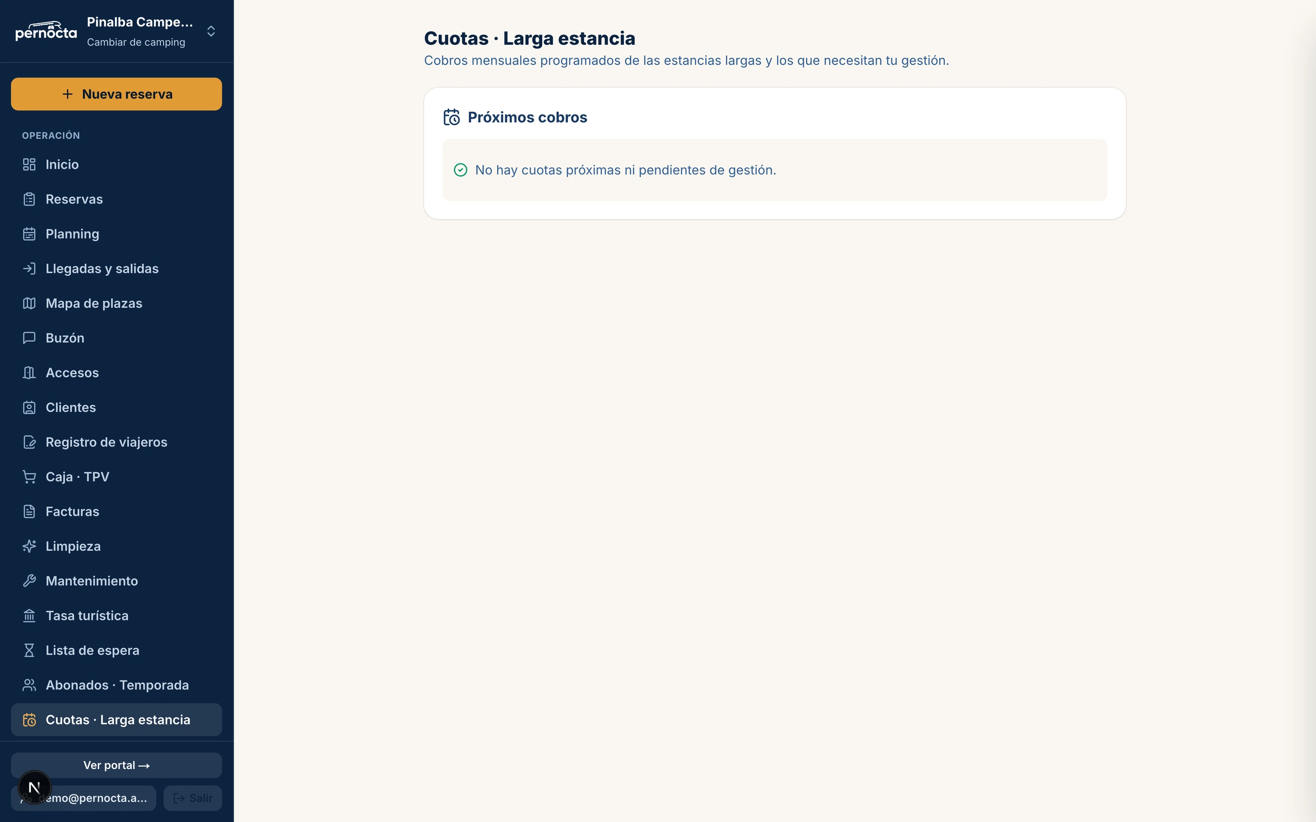 Captura de Cartera de cuotas mensuales de larga estancia en el panel de Pernocta