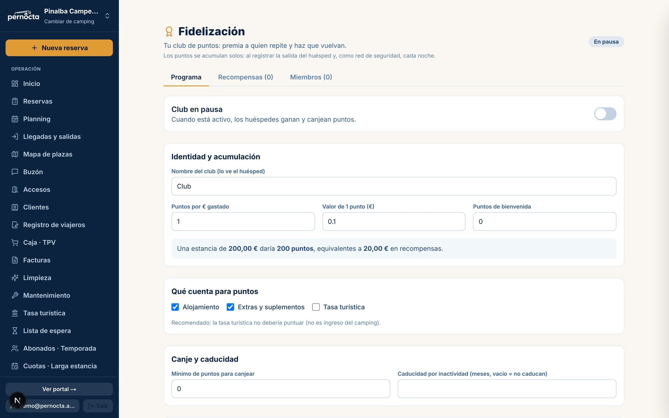 Captura de Módulo de fidelización de huéspedes en el panel de Pernocta