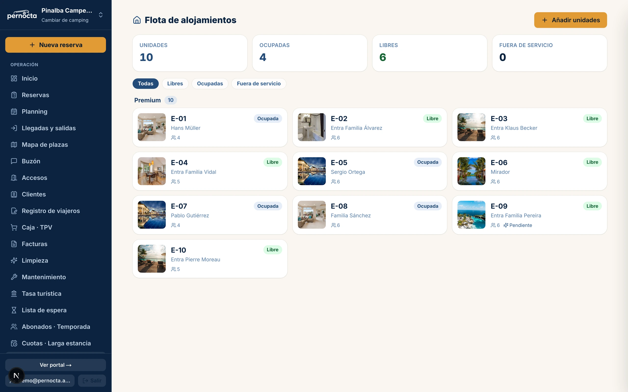 Captura de Flota de alojamientos fijos: inventario y torre de control en el panel de Pernocta