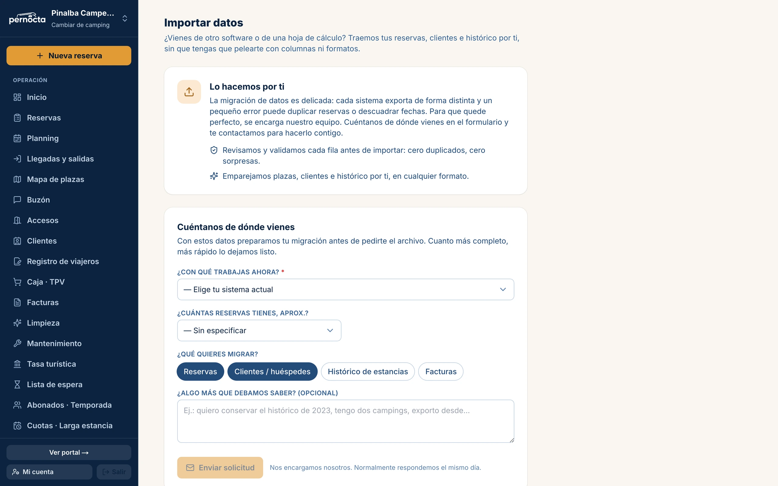 Captura de Solicitud de importación de datos desde tu sistema anterior en el panel de Pernocta