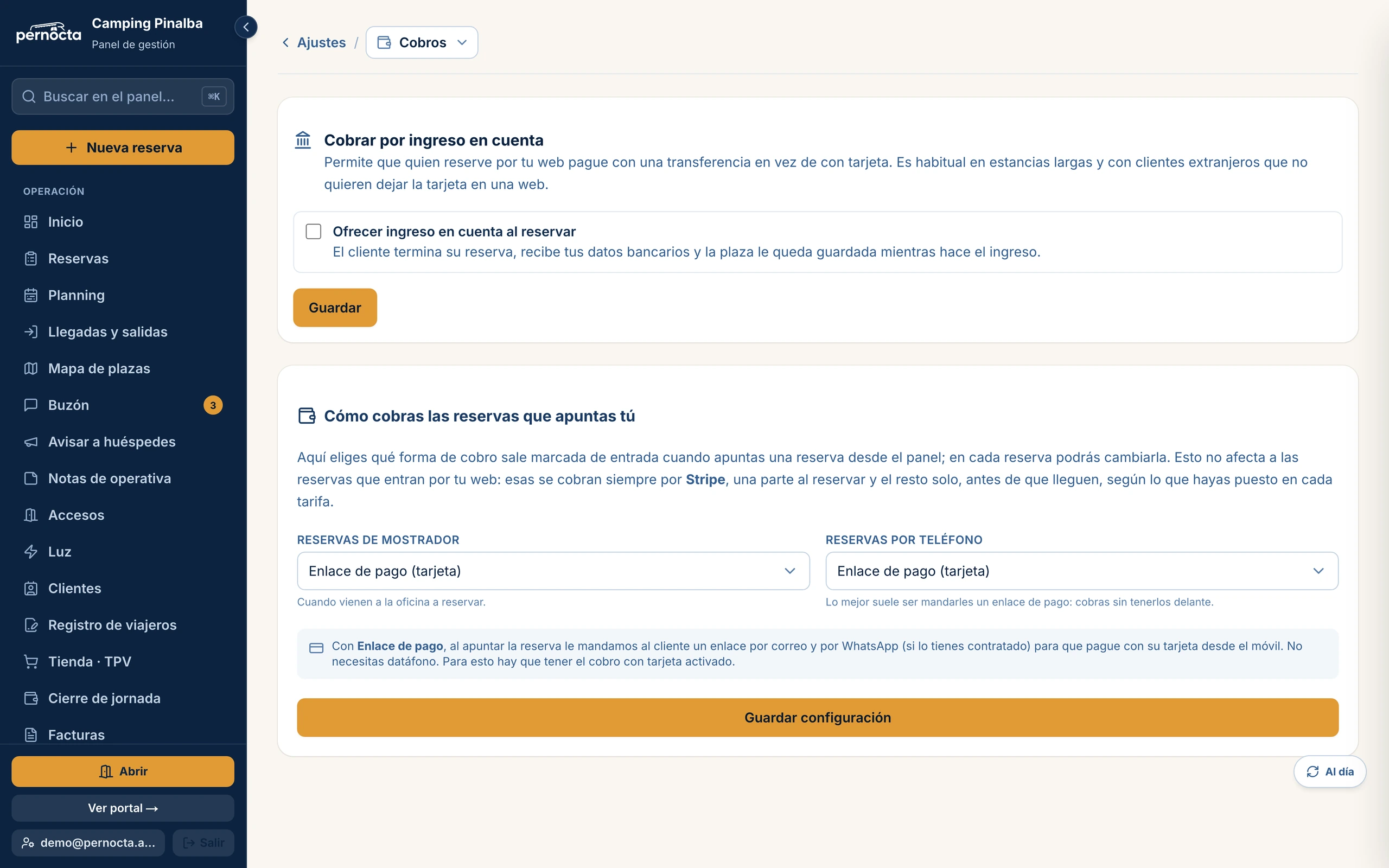 Captura de Ajustes › Cobros en Pernocta con la opción de cobrar por ingreso en cuenta y el método de cobro de las reservas de mostrador