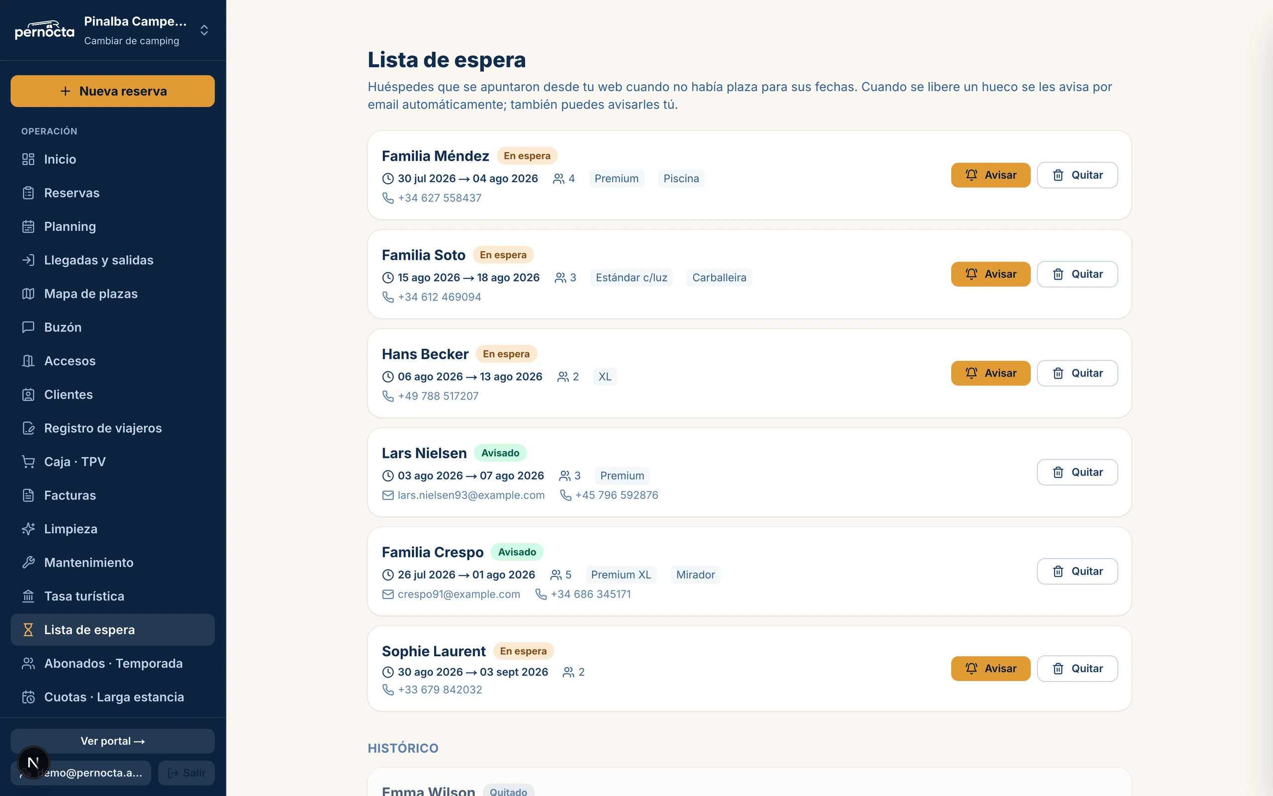 Captura de Lista de espera con los huéspedes apuntados sin plaza en el panel de Pernocta