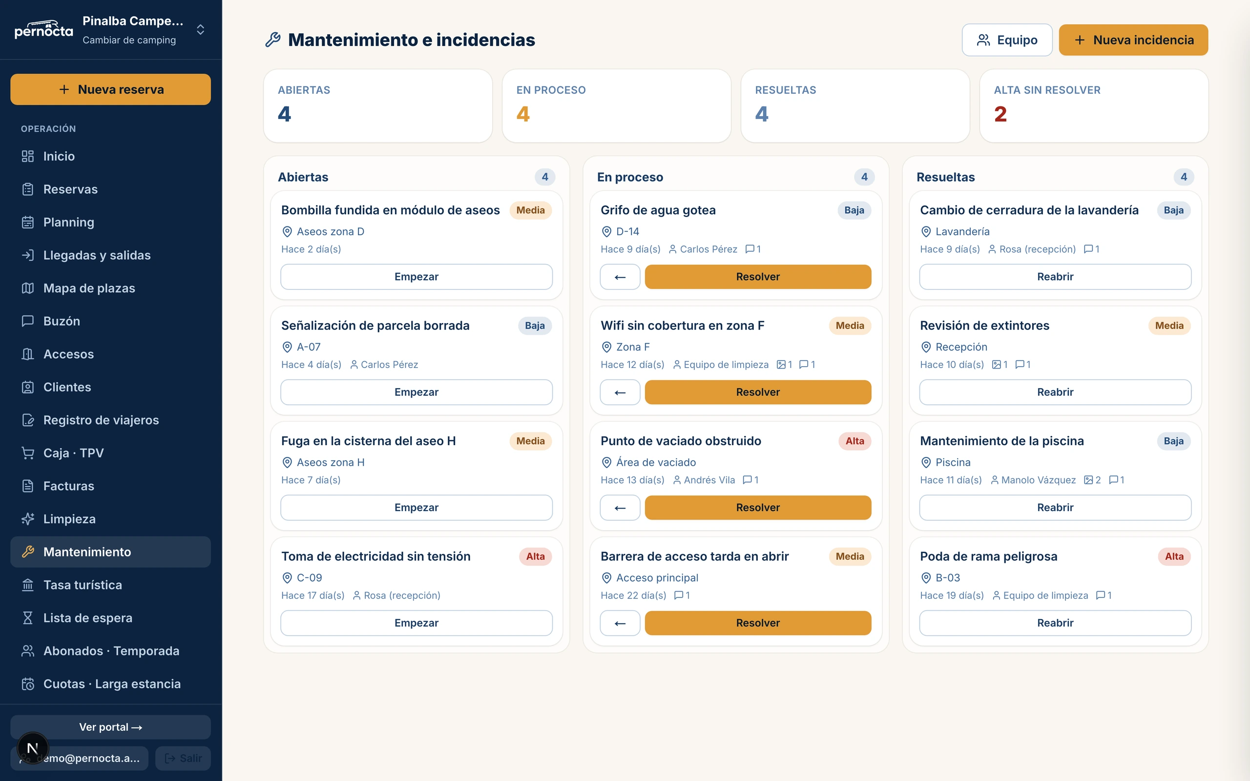 Captura de Tablero de incidencias de mantenimiento con su estado y responsable en el panel de Pernocta