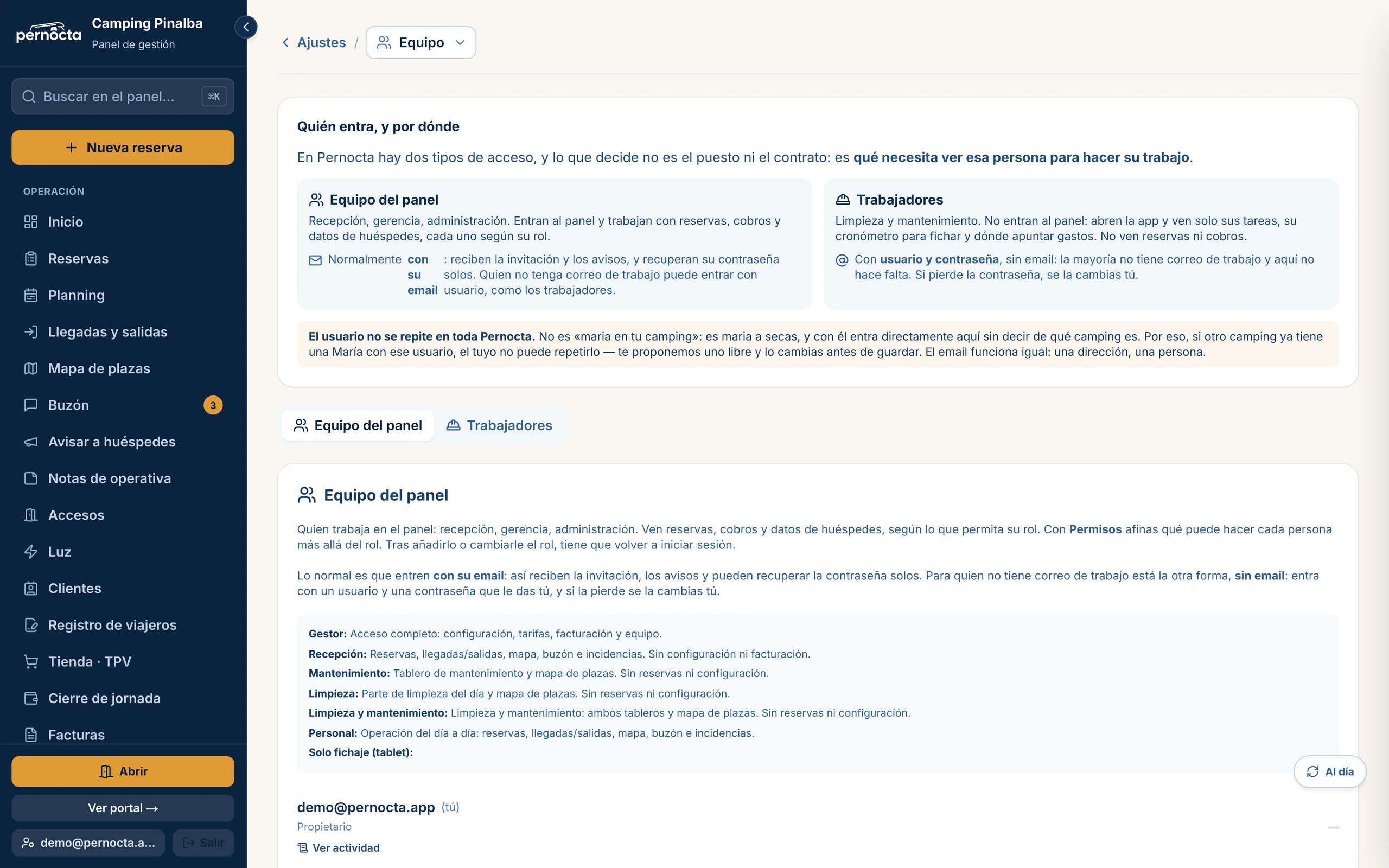 Captura de Ajustes › Equipo en el panel de Pernocta, con los dos tipos de acceso (equipo del panel y trabajadores) y lo que trae cada rol