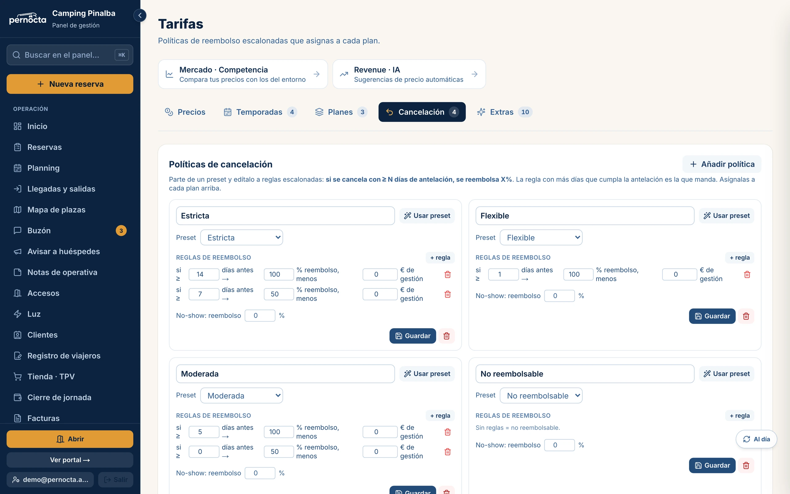 Captura de las políticas de cancelación de Pernocta con reglas escalonadas por días de antelación, gastos de gestión y porcentaje de no-show