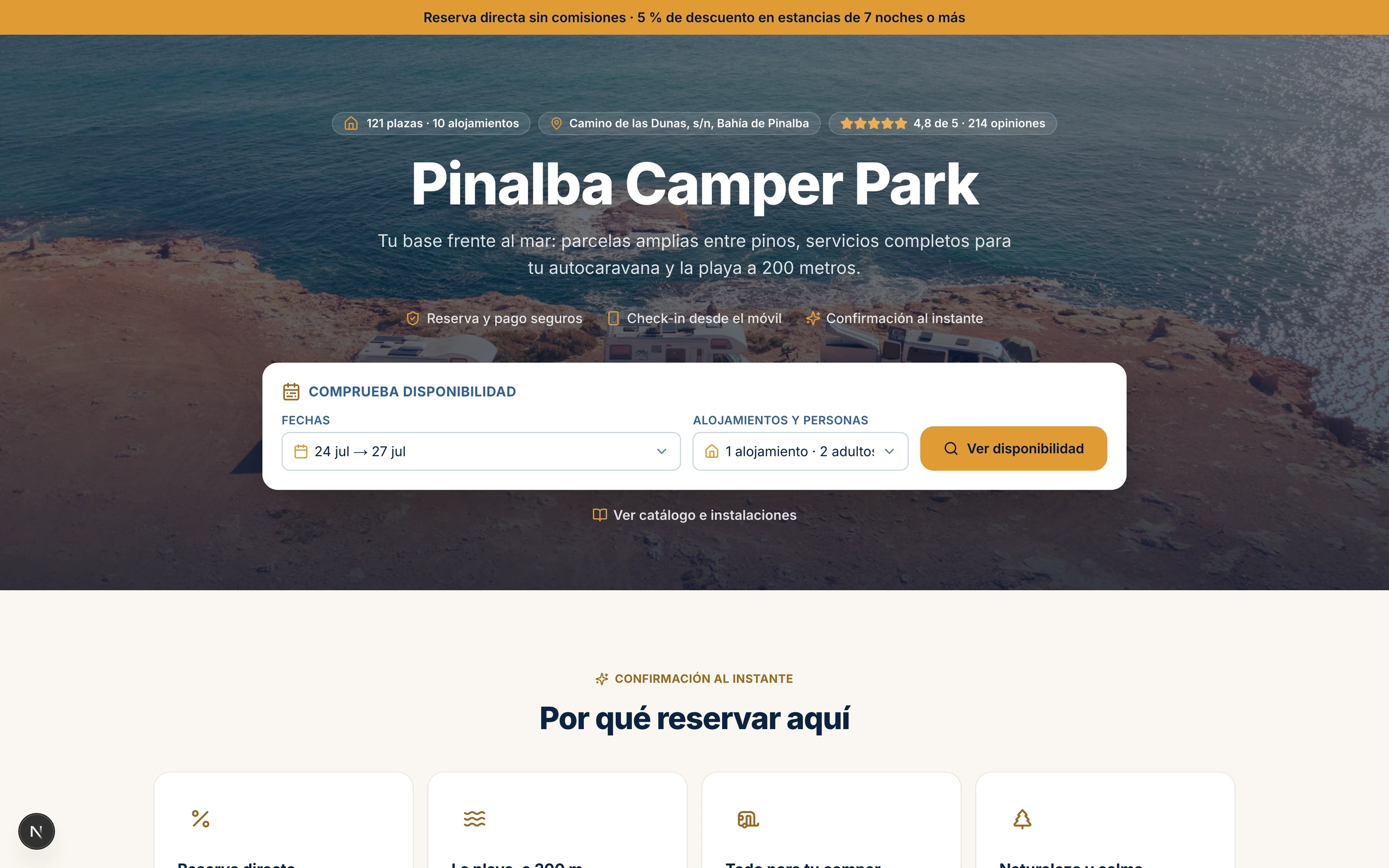 Captura de Portal de reservas con tu marca, donde el huésped elige su plaza en el panel de Pernocta